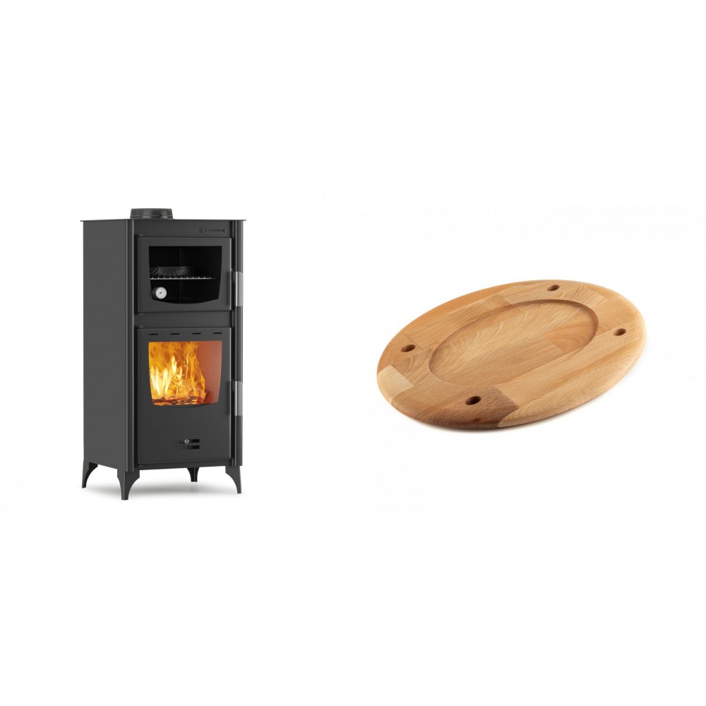 Set Kaminofen, Holzofen mit Backfach Velmora Fire ATS 90-25 ΜΑSΙΝΑ, 12.04kW + Holz untersetzer für ovale platte Solagio HSOISK2533, 25x33cm