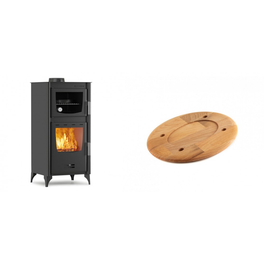 Set Kaminofen, Holzofen mit Backfach Velmora Fire ATS 90-25 ΜΑSΙΝΑ, 12.04kW + Holz untersetzer für ovale platte Solagio HSOISK1728, 17x28cm