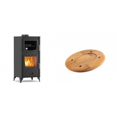 Set Kaminofen, Holzofen mit Backfach Velmora Fire ATS 90-25 ΜΑSΙΝΑ, 12.04kW + Holz untersetzer für ovale platte Solagio HSOISK1728, 17x28cm - Kaminofen - Holzofen mit Backfach