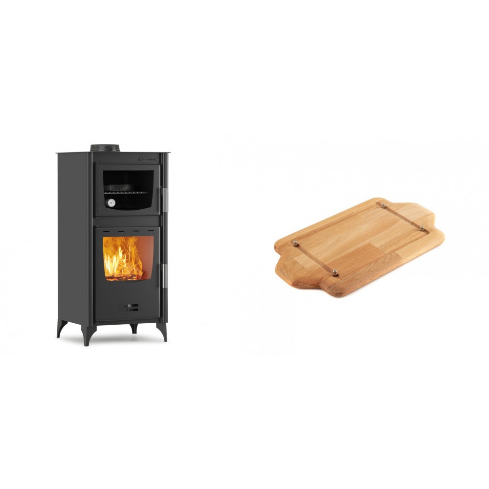 Set Kaminofen, Holzofen mit Backfach Velmora Fire ATS 90-25 ΜΑSΙΝΑ, 12.04kW + Holz untersetzer für mini-gusseisenplatte Solagio HSDDHP1522 | Holzofen | Kaminofen |