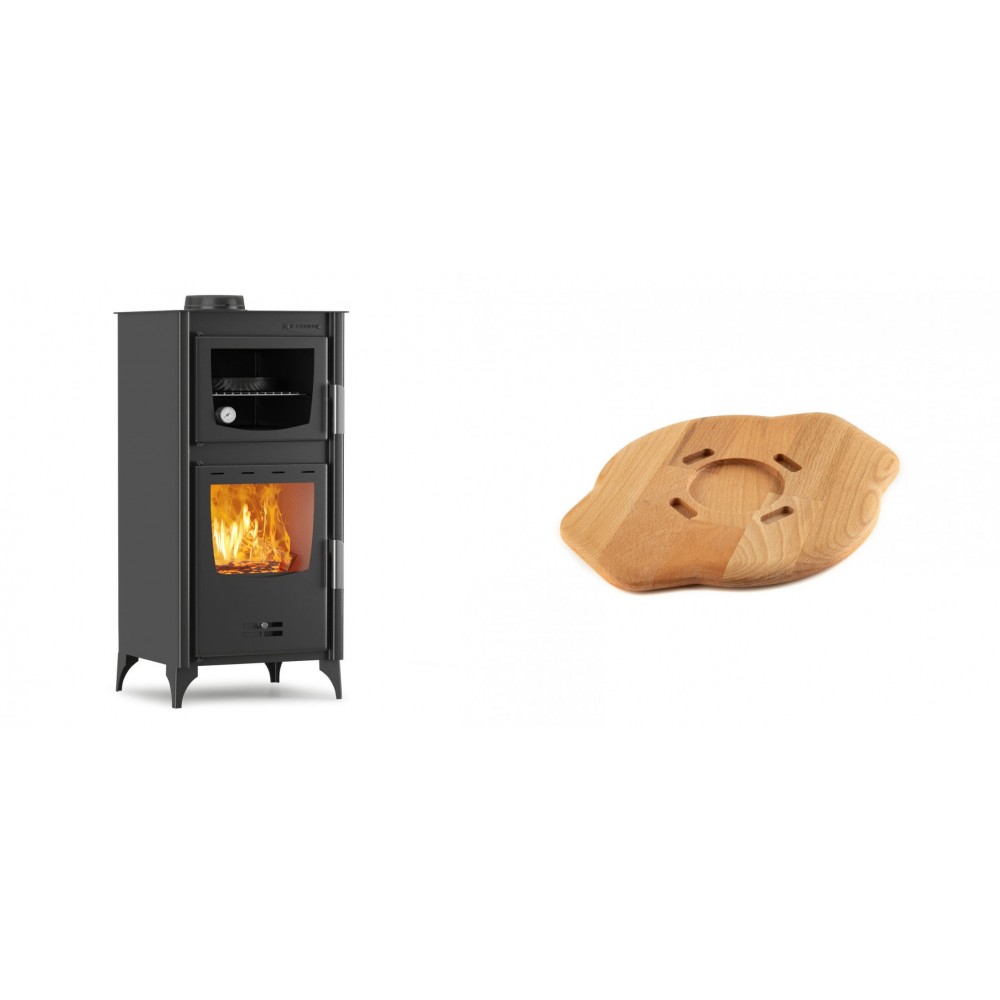 Set Kaminofen, Holzofen mit Backfach Velmora Fire ATS 90-25 ΜΑSΙΝΑ, 12.04kW + Holz untersetzer für gusseisenplatte Solagio HSYSAK20