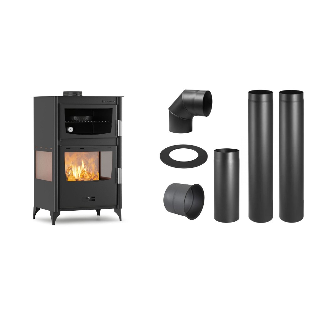 Set Kaminofen, Holzofen mit Backfach Velmora Fire ATS 90-30 3SIDE, 15.18kW + Schornstein Bausatz PARKANEX, Stahl Ø150, Dicke 2mm