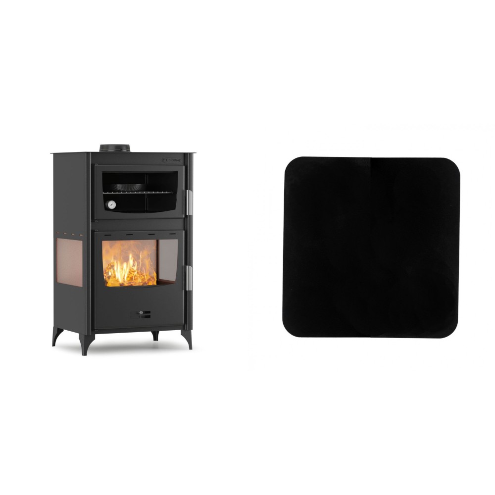 Set Kaminofen, Holzofen mit Backfach Velmora Fire ATS 90-30 3SIDE, 15.18kW + Funkenschutzplatte Stahl 2mm, Größe 98x98cm