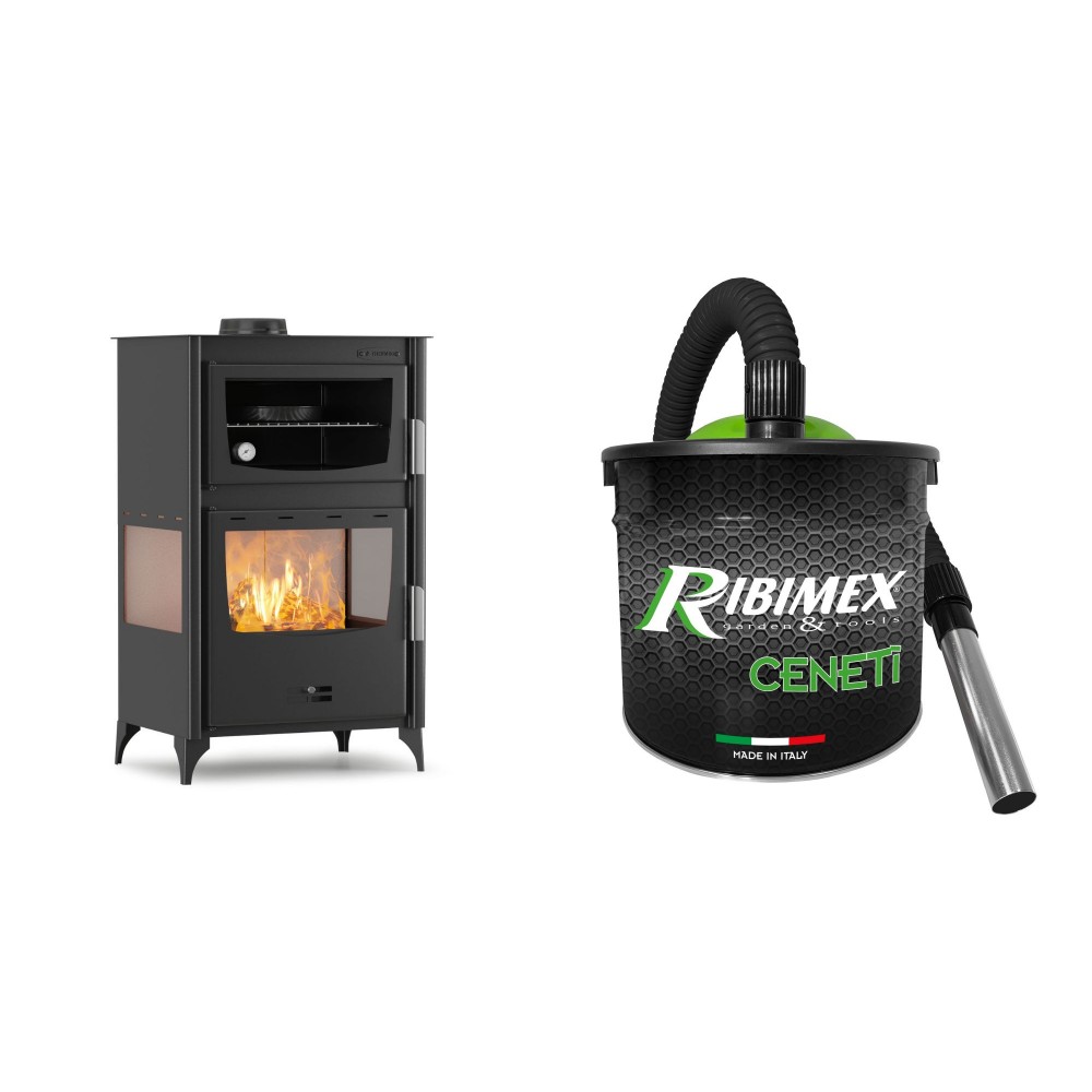 Set Kaminofen, Holzofen mit Backfach Velmora Fire ATS 90-30 3SIDE, 15.18kW + Elektrischer Aschesauger Ribimex, Modell Cenetì, Fassungsvermögen 15 L
