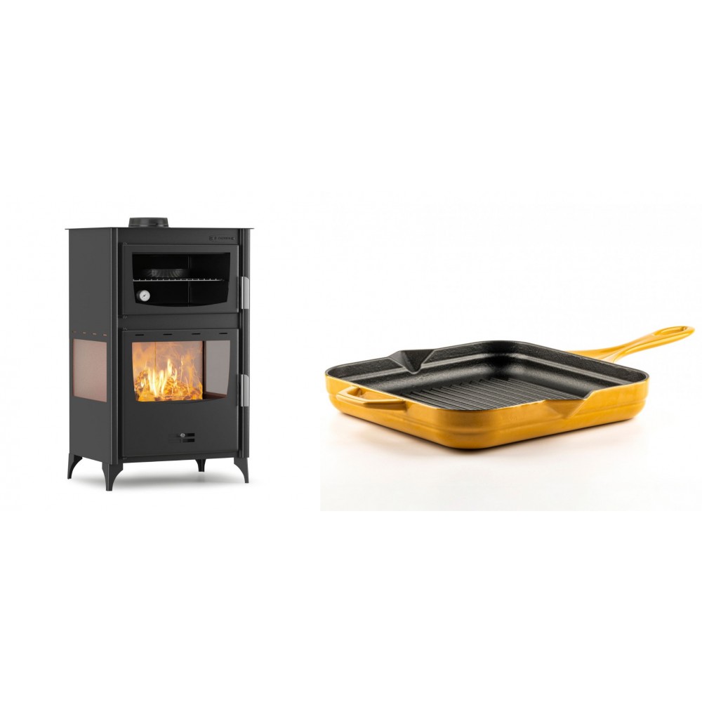 Set Kaminofen, Holzofen mit Backfach Velmora Fire ATS 90-30 3SIDE, 15.18kW + Emaillierte grillpfanne Gusseisen Solagio, Dijon, 28х28cm
