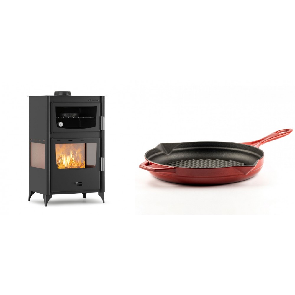 Set Kaminofen, Holzofen mit Backfach Velmora Fire ATS 90-30 3SIDE, 15.18kW + Emaillierte grillpfanne Gusseisen Solagio, Rubin, Ф28cm