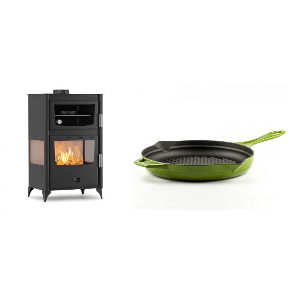 Set Kaminofen, Holzofen mit Backfach Velmora Fire ATS 90-30 3SIDE, 15.18kW + Emaillierte grillpfanne Gusseisen Solagio, Bamboo, Ф28cm