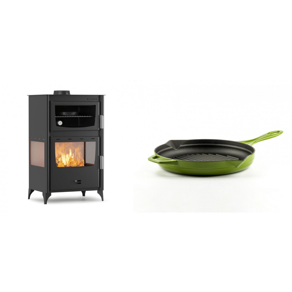 Set Kaminofen, Holzofen mit Backfach Velmora Fire ATS 90-30 3SIDE, 15.18kW + Emaillierte grillpfanne Gusseisen Solagio, Bamboo, Ф24cm