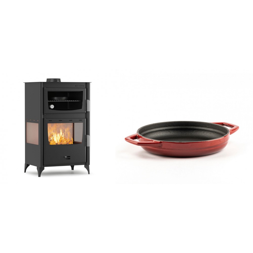 Set Kaminofen, Holzofen mit Backfach Velmora Fire ATS 90-30 3SIDE, 15.18kW + Emaillierte gusseisenpfanne mit zwei Griffen Solagio, Rubin, Ф19cm | Holzofen | Kaminofen |