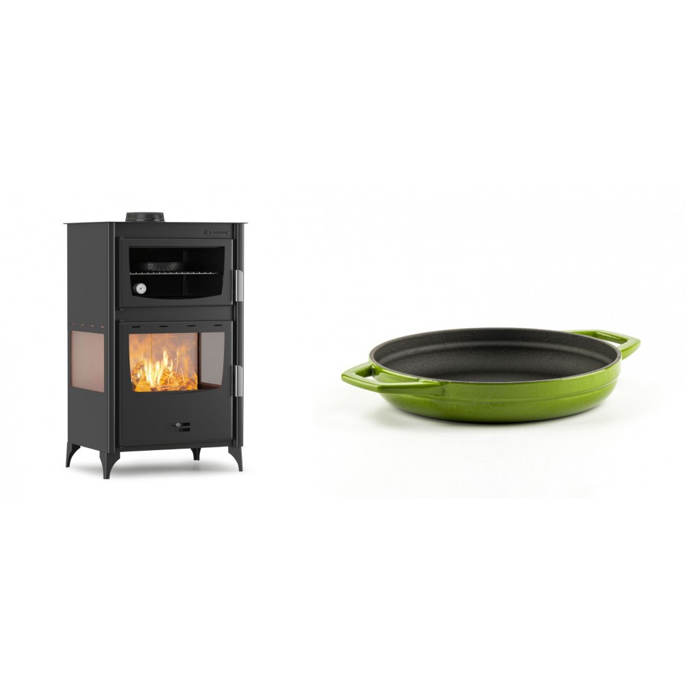 Set Kaminofen, Holzofen mit Backfach Velmora Fire ATS 90-30 3SIDE, 15.18kW + Emaillierte gusseisenpfanne mit zwei Griffen Solagio, Bamboo, Ф19cm | Holzofen | Kaminofen |