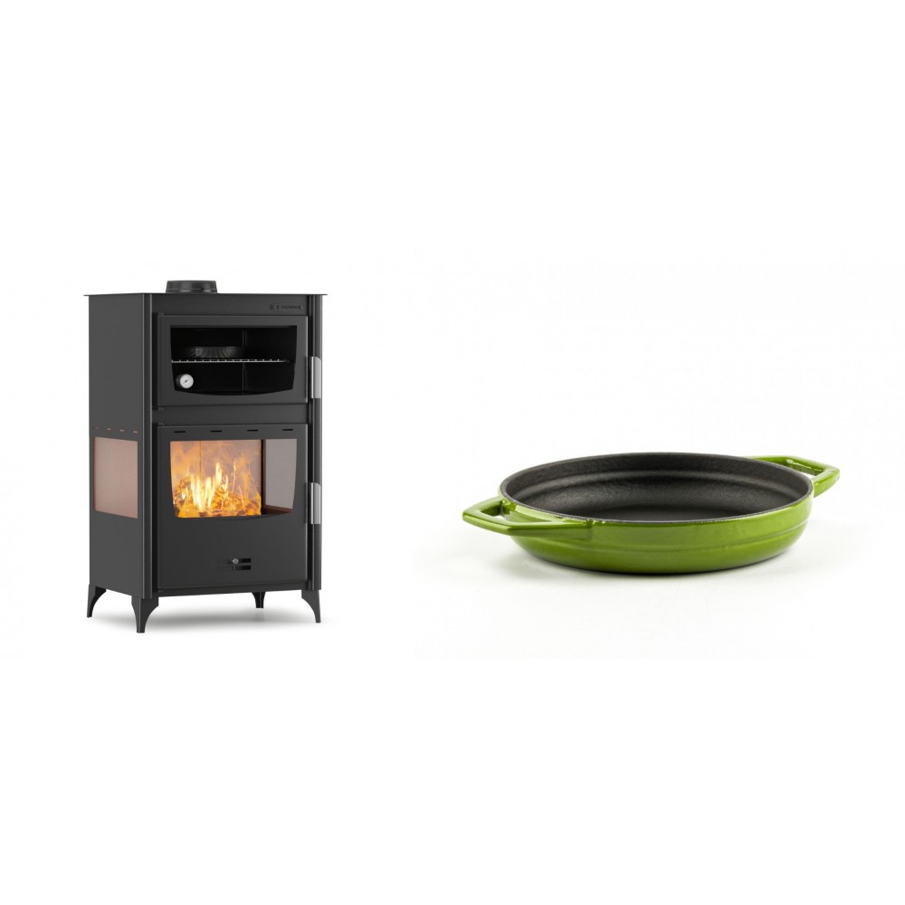 Set Kaminofen, Holzofen mit Backfach Velmora Fire ATS 90-30 3SIDE, 15.18kW + Emaillierte gusseisenpfanne mit zwei Griffen Solagio, Bamboo, Ф16cm