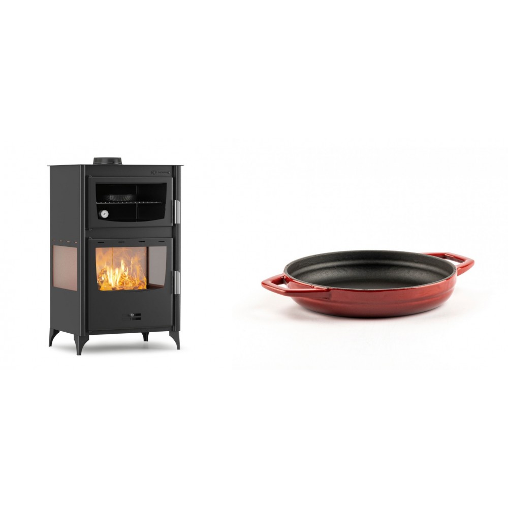 Set Kaminofen, Holzofen mit Backfach Velmora Fire ATS 90-30 3SIDE, 15.18kW + Emaillierte gusseisenpfanne mit zwei Griffen Solagio, Rubin, Ф16cm