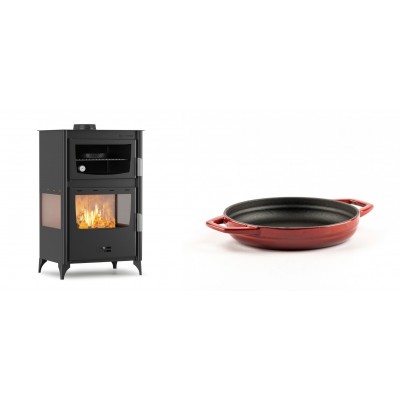 Set Kaminofen, Holzofen mit Backfach Velmora Fire ATS 90-30 3SIDE, 15.18kW + Emaillierte gusseisenpfanne mit zwei Griffen Solagio, Rubin, Ф16cm - Kaminofen - Holzofen mit Backfach
