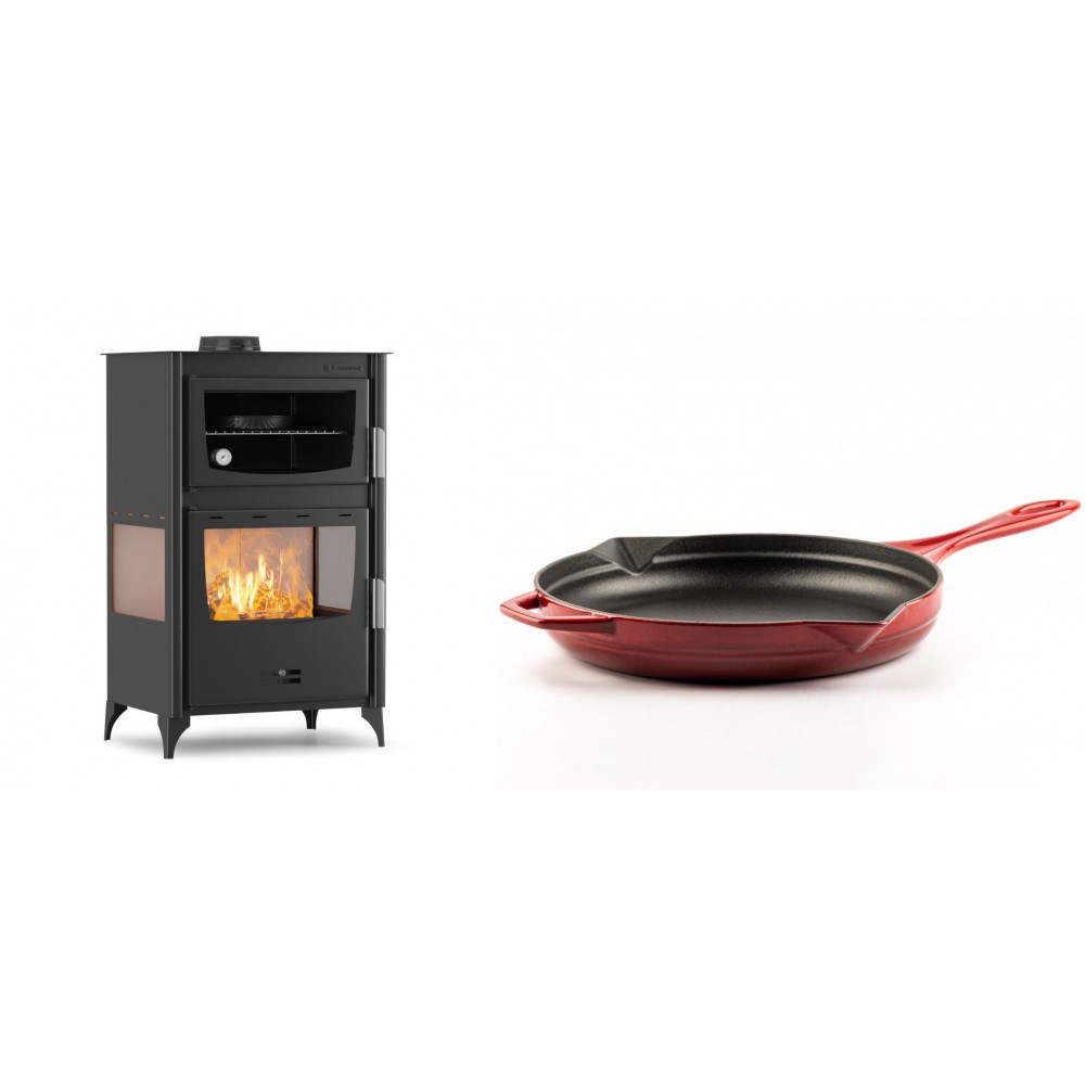 Set Kaminofen, Holzofen mit Backfach Velmora Fire ATS 90-30 3SIDE, 15.18kW + Emaillierte Gusseisenpfanne Solagio, Rubin, Ф28cm | Holzofen | Kaminofen |