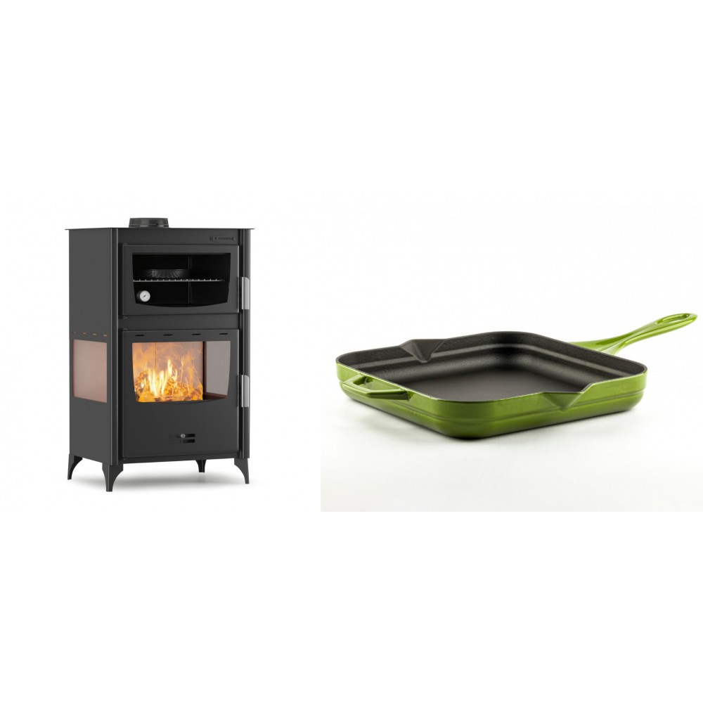 Set Kaminofen, Holzofen mit Backfach Velmora Fire ATS 90-30 3SIDE, 15.18kW + Emaillierte Gusseisenpfanne Solagio, Bamboo, 28x28cm