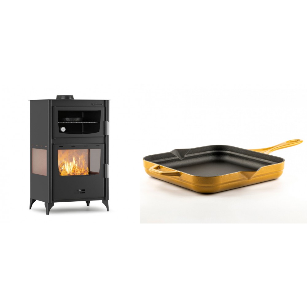 Set Kaminofen, Holzofen mit Backfach Velmora Fire ATS 90-30 3SIDE, 15.18kW + Emaillierte Gusseisenpfanne Solagio, Dijon, 28x28cm | Holzofen | Kaminofen |