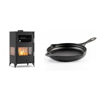 Set Kaminofen, Holzofen mit Backfach Velmora Fire ATS 90-30 3SIDE, 15.18kW + Emaillierte Gusseisenpfanne Solagio, Black Onyx, Ф28cm - Kaminofen - Holzofen mit Backfach
