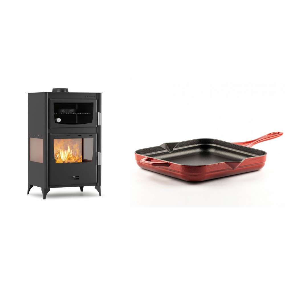 Set Kaminofen, Holzofen mit Backfach Velmora Fire ATS 90-30 3SIDE, 15.18kW + Emaillierte Gusseisenpfanne Solagio, Rubin, 28x28cm