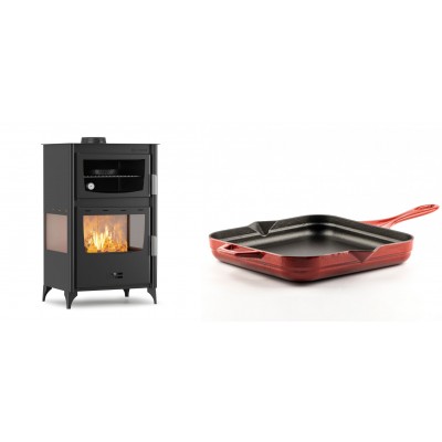 Set Kaminofen, Holzofen mit Backfach Velmora Fire ATS 90-30 3SIDE, 15.18kW + Emaillierte Gusseisenpfanne Solagio, Rubin, 28x28cm - Kaminofen - Holzofen mit Backfach