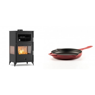 Set Kaminofen, Holzofen mit Backfach Velmora Fire ATS 90-30 3SIDE, 15.18kW + Emaillierte Gusseisenpfanne Solagio, Rubin, Ф24cm - Kaminofen - Holzofen mit Backfach
