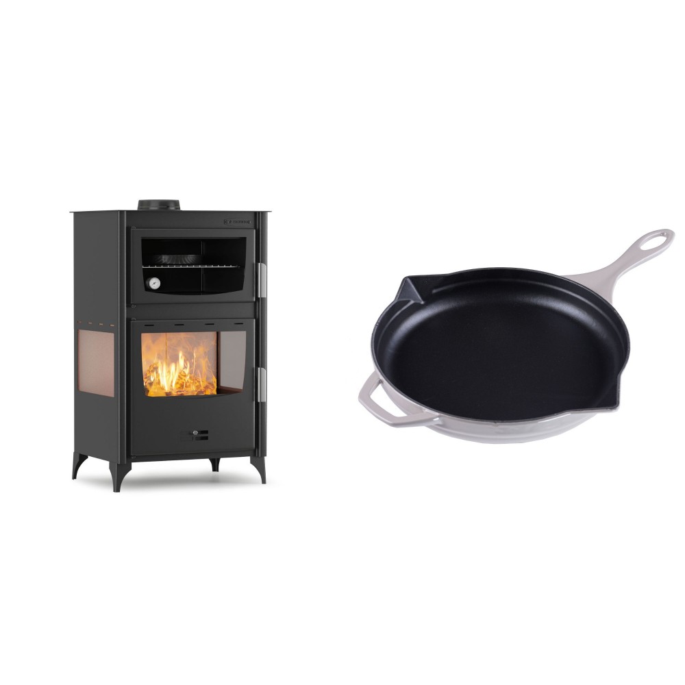 Set Kaminofen, Holzofen mit Backfach Velmora Fire ATS 90-30 3SIDE, 15.18kW + Emaillierte Gusseisenpfanne Solagio, Ivory, Ф28cm