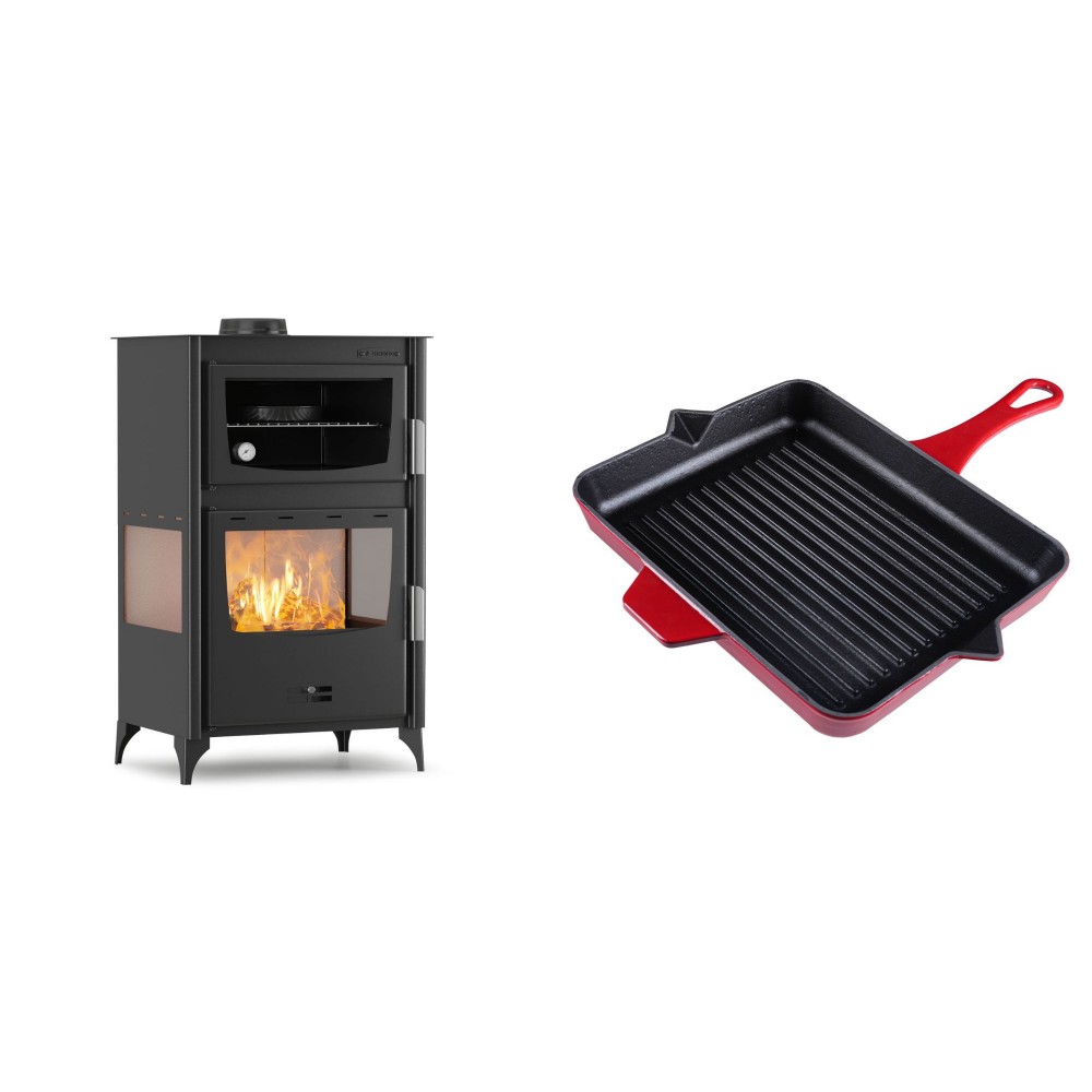 Set Kaminofen, Holzofen mit Backfach Velmora Fire ATS 90-30 3SIDE, 15.18kW + Emaillierte grillpfanne Gusseisen Solagio, Rubin, 26x32cm