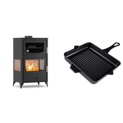 Set Kaminofen, Holzofen mit Backfach Velmora Fire ATS 90-30 3SIDE, 15.18kW + Emaillierte grillpfanne Gusseisen Solagio, Black Onyx, 26x32cm - Kaminofen - Holzofen mit Backfach