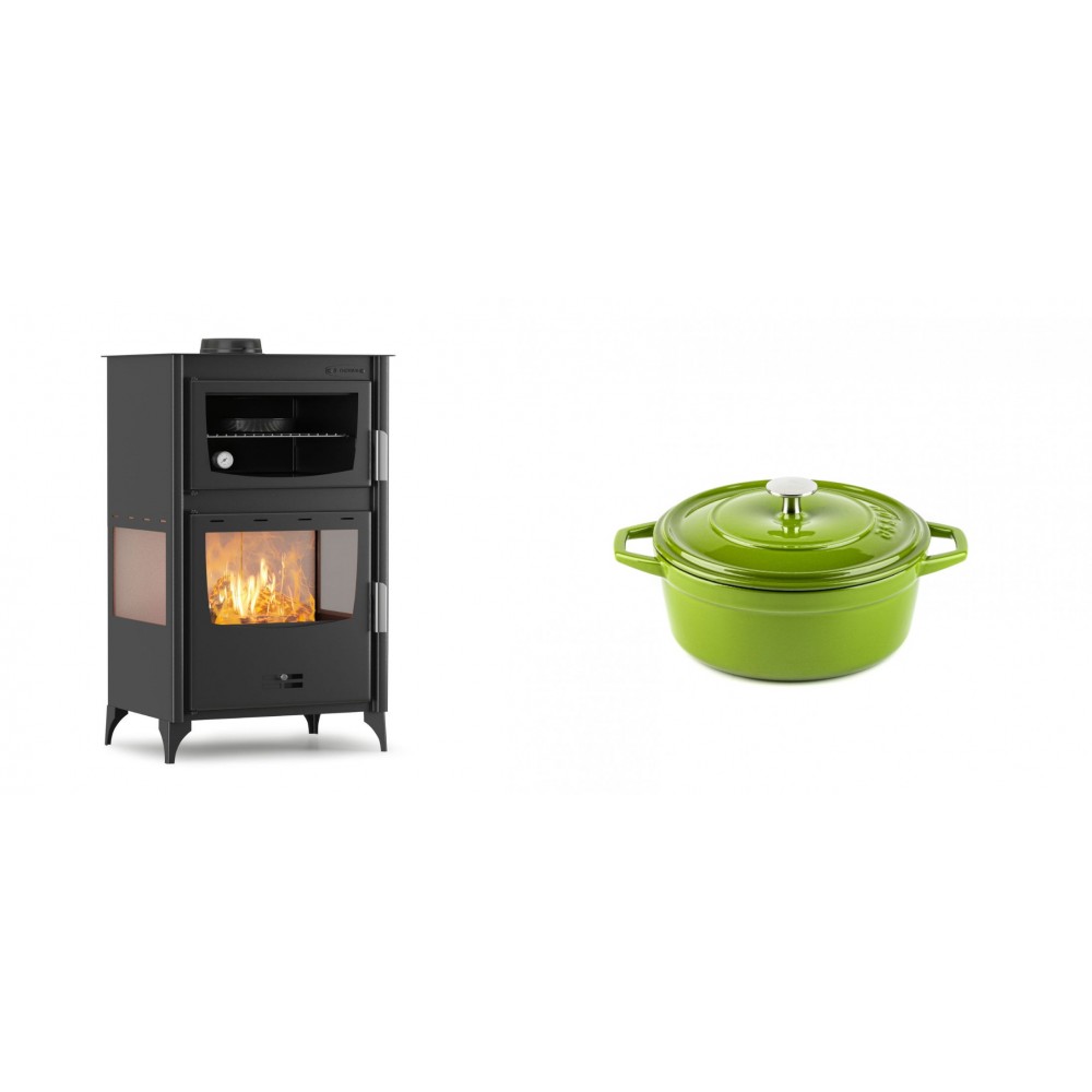 Set Kaminofen, Holzofen mit Backfach Velmora Fire ATS 90-30 3SIDE, 15.18kW + Gusseisen Topf Tiefer Solagio, Bamboo, Ф12
