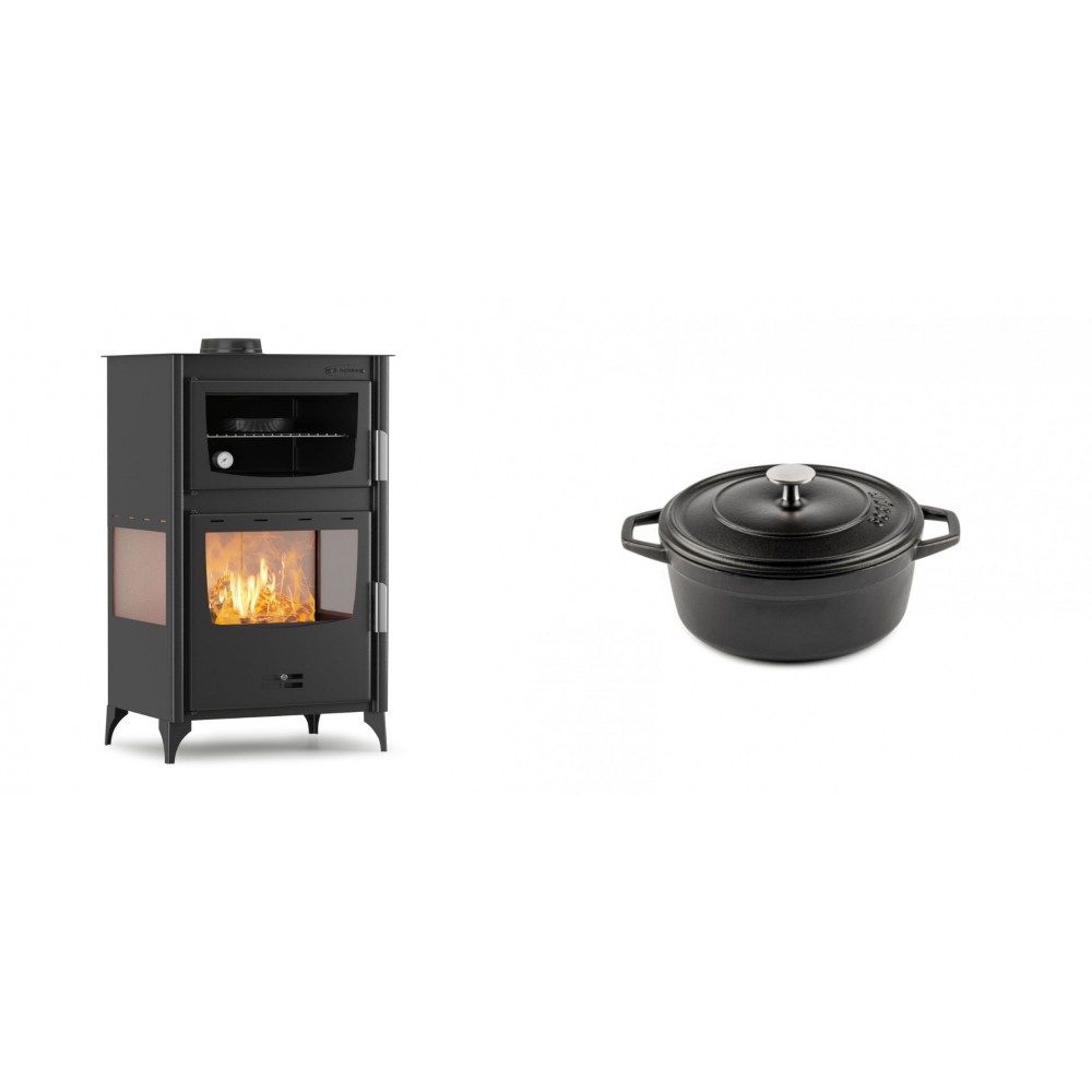 Set Kaminofen, Holzofen mit Backfach Velmora Fire ATS 90-30 3SIDE, 15.18kW + Gusseisen Topf Tiefer Solagio, Black Onyx, Ф12 | Holzofen | Kaminofen |
