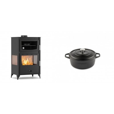 Set Kaminofen, Holzofen mit Backfach Velmora Fire ATS 90-30 3SIDE, 15.18kW + Gusseisen Topf Tiefer Solagio, Black Onyx, Ф12 - Kaminofen - Holzofen mit Backfach