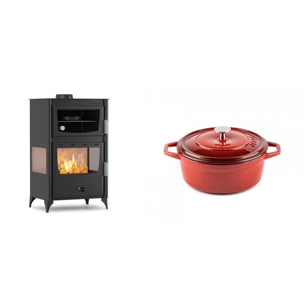 Set Kaminofen, Holzofen mit Backfach Velmora Fire ATS 90-30 3SIDE, 15.18kW + Gusseisen Topf Tiefer Solagio, Rubin, Ф20