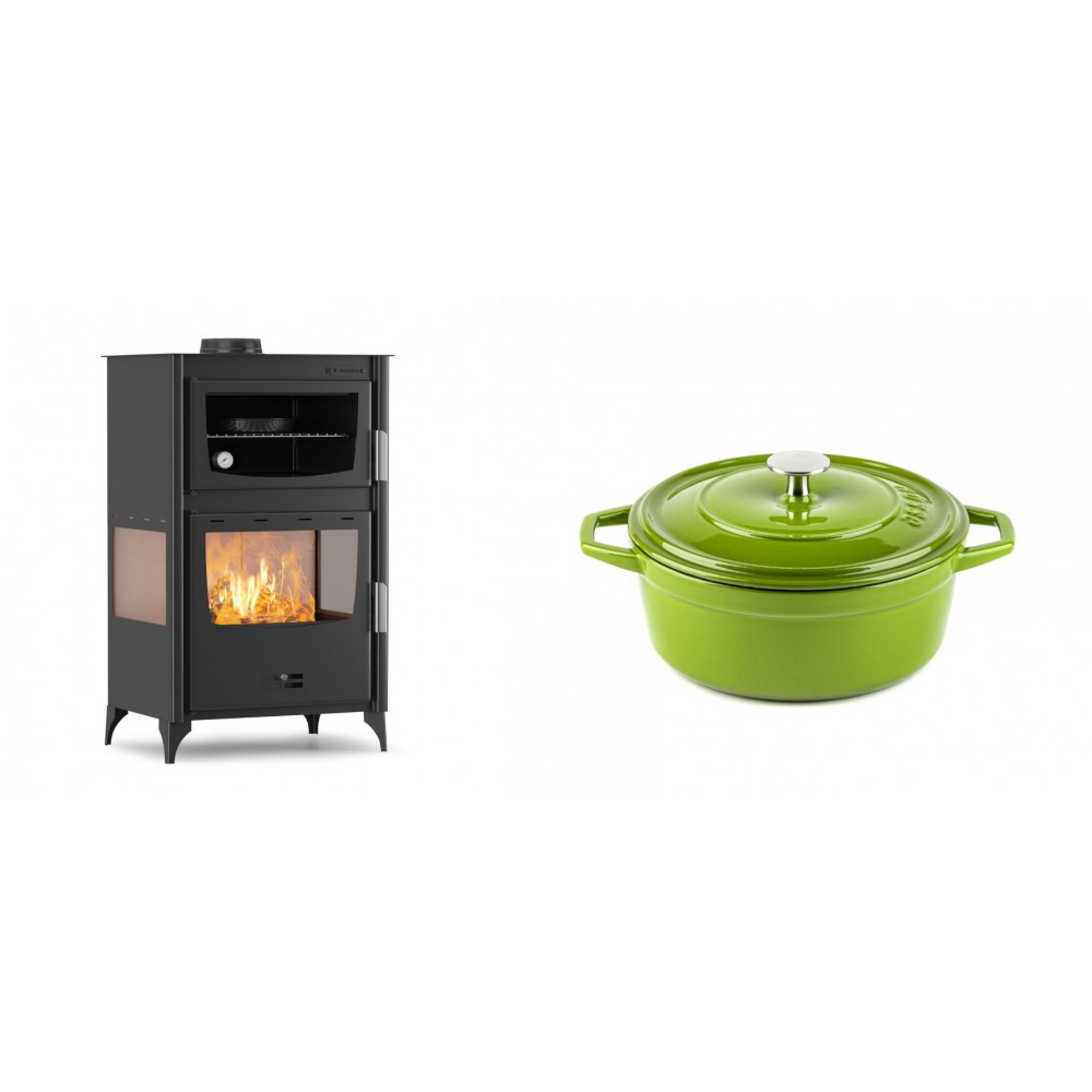 Set Kaminofen, Holzofen mit Backfach Velmora Fire ATS 90-30 3SIDE, 15.18kW + Gusseisen Topf Tiefer Solagio, Bamboo, Ф20 | Holzofen | Kaminofen |