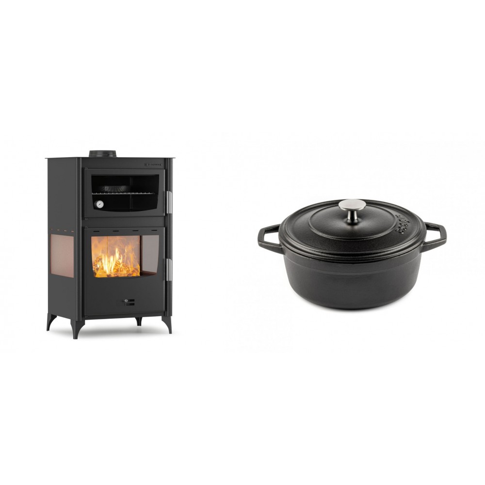 Set Kaminofen, Holzofen mit Backfach Velmora Fire ATS 90-30 3SIDE, 15.18kW + Gusseisen Topf Tiefer Solagio, Black Onyx, Ф20 | Holzofen | Kaminofen |