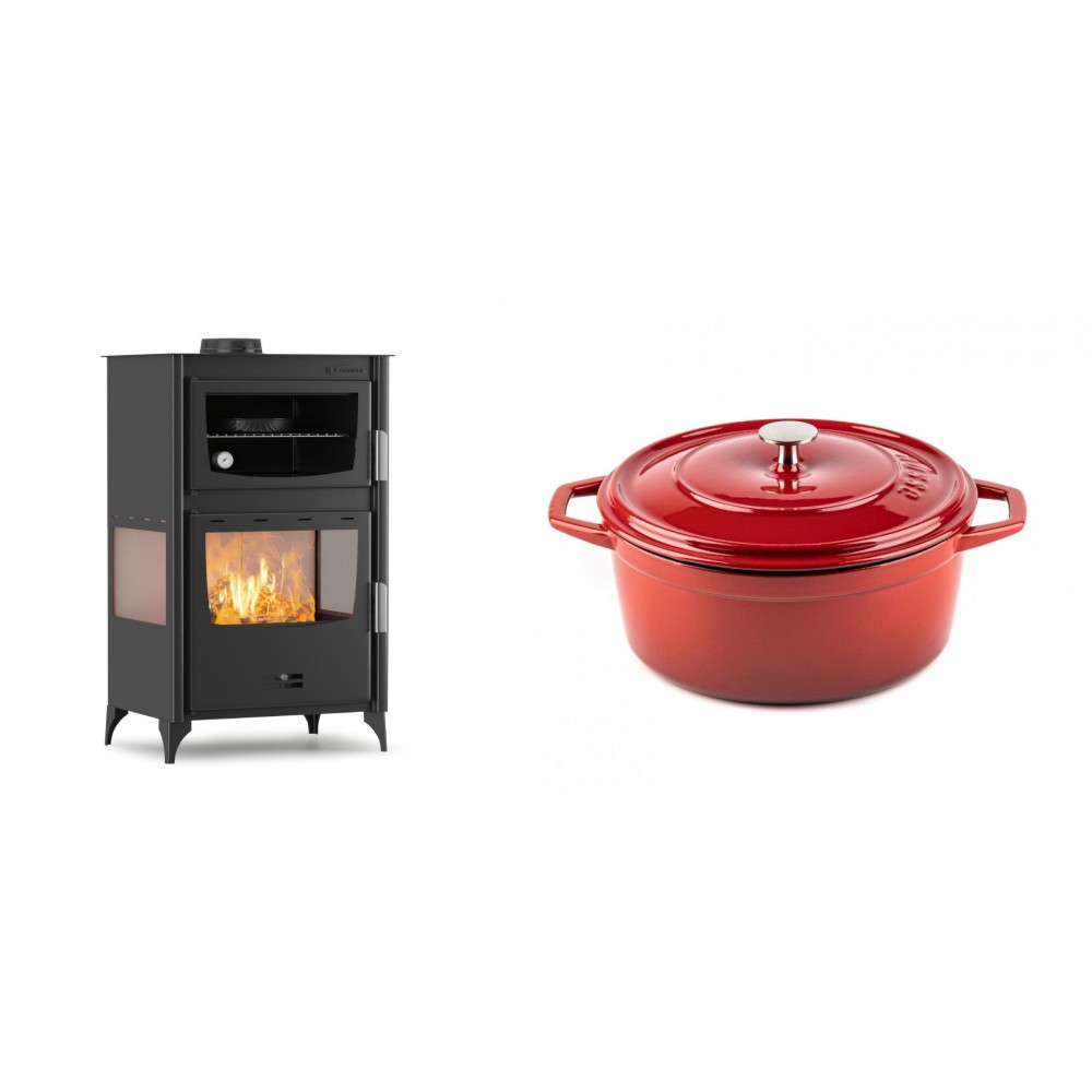 Set Kaminofen, Holzofen mit Backfach Velmora Fire ATS 90-30 3SIDE, 15.18kW + Gusseisen Topf Tiefer Solagio, Rubin, Ф24