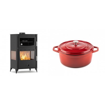 Set Kaminofen, Holzofen mit Backfach Velmora Fire ATS 90-30 3SIDE, 15.18kW + Gusseisen Topf Tiefer Solagio, Rubin, Ф24 - Kaminofen - Holzofen mit Backfach