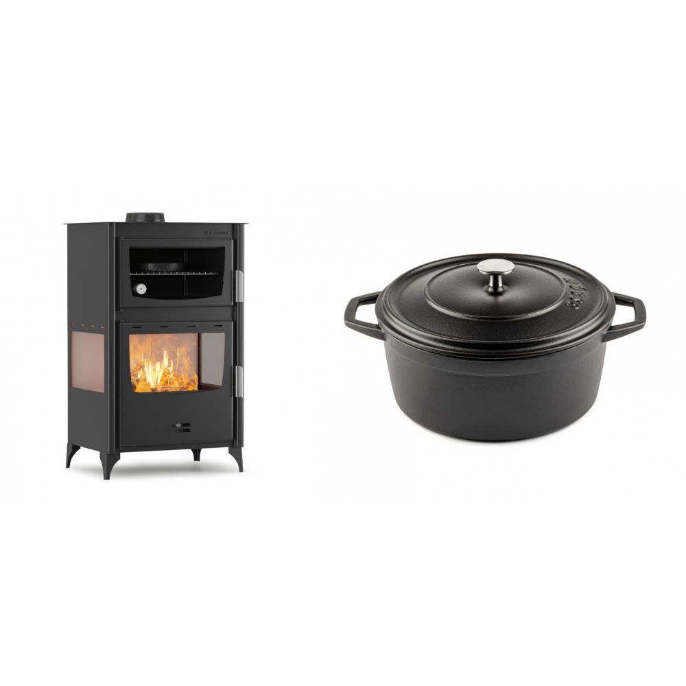 Set Kaminofen, Holzofen mit Backfach Velmora Fire ATS 90-30 3SIDE, 15.18kW + Gusseisen Topf Tiefer Solagio, Black Onyx, Ф24