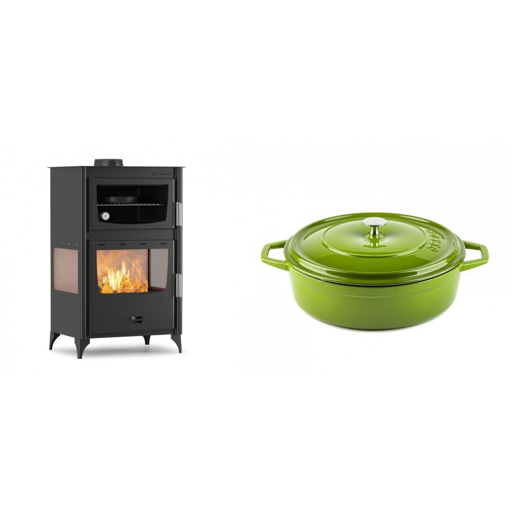 Set Kaminofen, Holzofen mit Backfach Velmora Fire ATS 90-30 3SIDE, 15.18kW + Gusseisen Topf Flach Solagio, Bamboo, Ф26