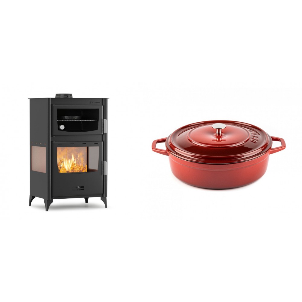 Set Kaminofen, Holzofen mit Backfach Velmora Fire ATS 90-30 3SIDE, 15.18kW + Gusseisen Topf Flach Solagio, Rubin, Ф26 | Holzofen | Kaminofen |