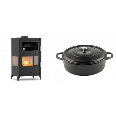 Set Kaminofen, Holzofen mit Backfach Velmora Fire ATS 90-30 3SIDE, 15.18kW + Gusseisen Topf Flach Solagio, Black Onyx, Ф28 - Kaminofen - Holzofen mit Backfach