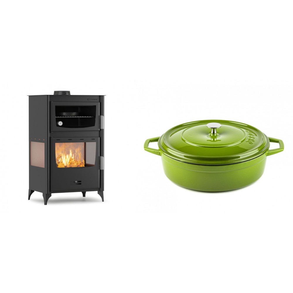 Set Kaminofen, Holzofen mit Backfach Velmora Fire ATS 90-30 3SIDE, 15.18kW + Gusseisen Topf Flach Solagio, Bamboo, Ф28 | Holzofen | Kaminofen |