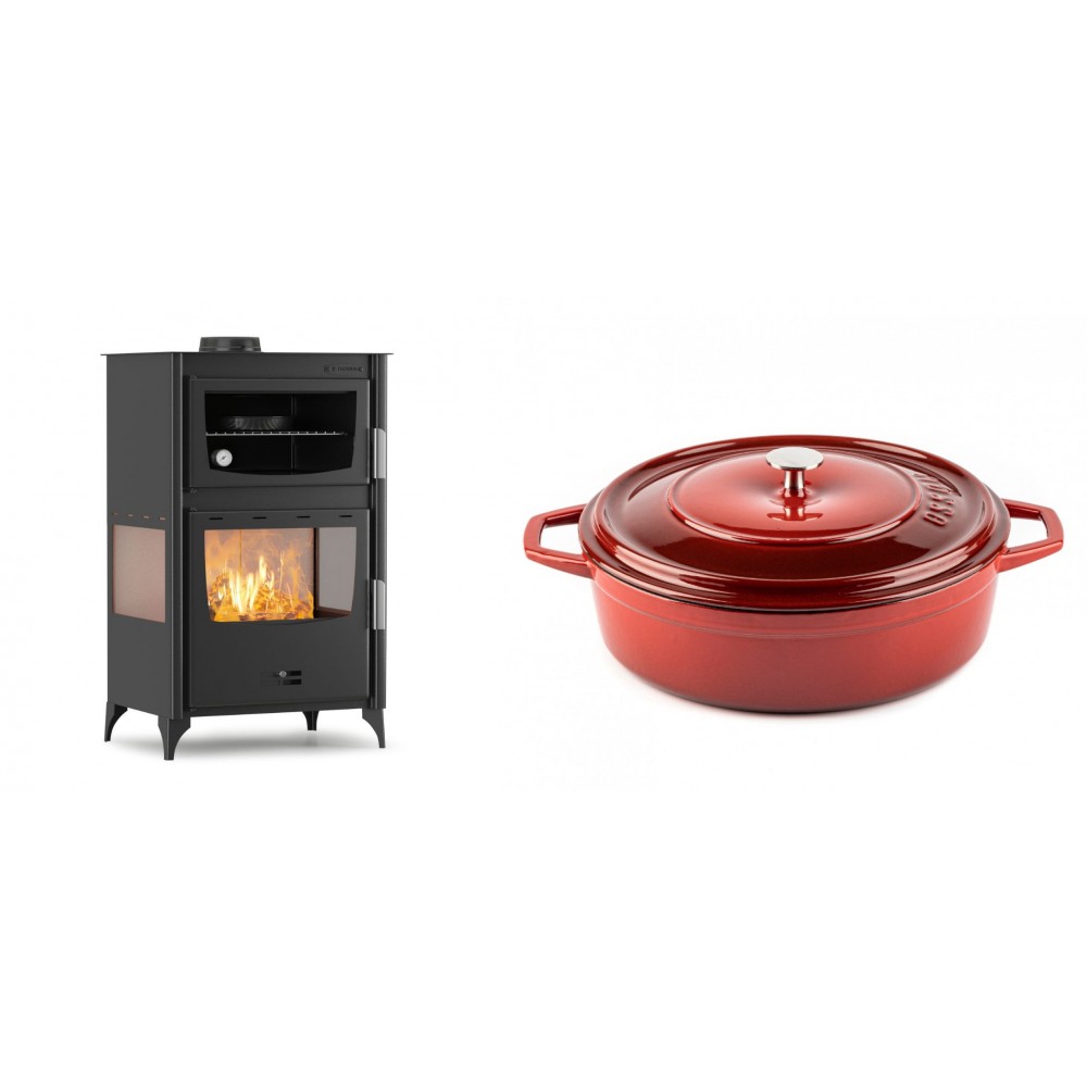 Set Kaminofen, Holzofen mit Backfach Velmora Fire ATS 90-30 3SIDE, 15.18kW + Gusseisen Topf Flach Solagio, Rubin, Ф28