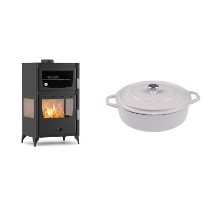 Set Kaminofen, Holzofen mit Backfach Velmora Fire ATS 90-30 3SIDE, 15.18kW + Gusseisen Topf Flach Solagio, Ivory, Ф28 - Kaminofen - Holzofen mit Backfach
