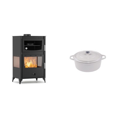 Set Kaminofen, Holzofen mit Backfach Velmora Fire ATS 90-30 3SIDE, 15.18kW + Gusseisen Topf Tiefer Solagio, Ivory, Ф12 - Kaminofen - Holzofen mit Backfach