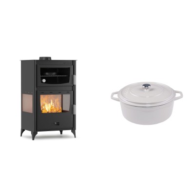 Set Kaminofen, Holzofen mit Backfach Velmora Fire ATS 90-30 3SIDE, 15.18kW + Gusseisen Topf Tiefer Solagio, Ivory, Ф20 - Kaminofen - Holzofen mit Backfach