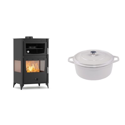 Set Kaminofen, Holzofen mit Backfach Velmora Fire ATS 90-30 3SIDE, 15.18kW + Gusseisen Topf Tiefer Solagio, Ivory, Ф24 - Kaminofen - Holzofen mit Backfach