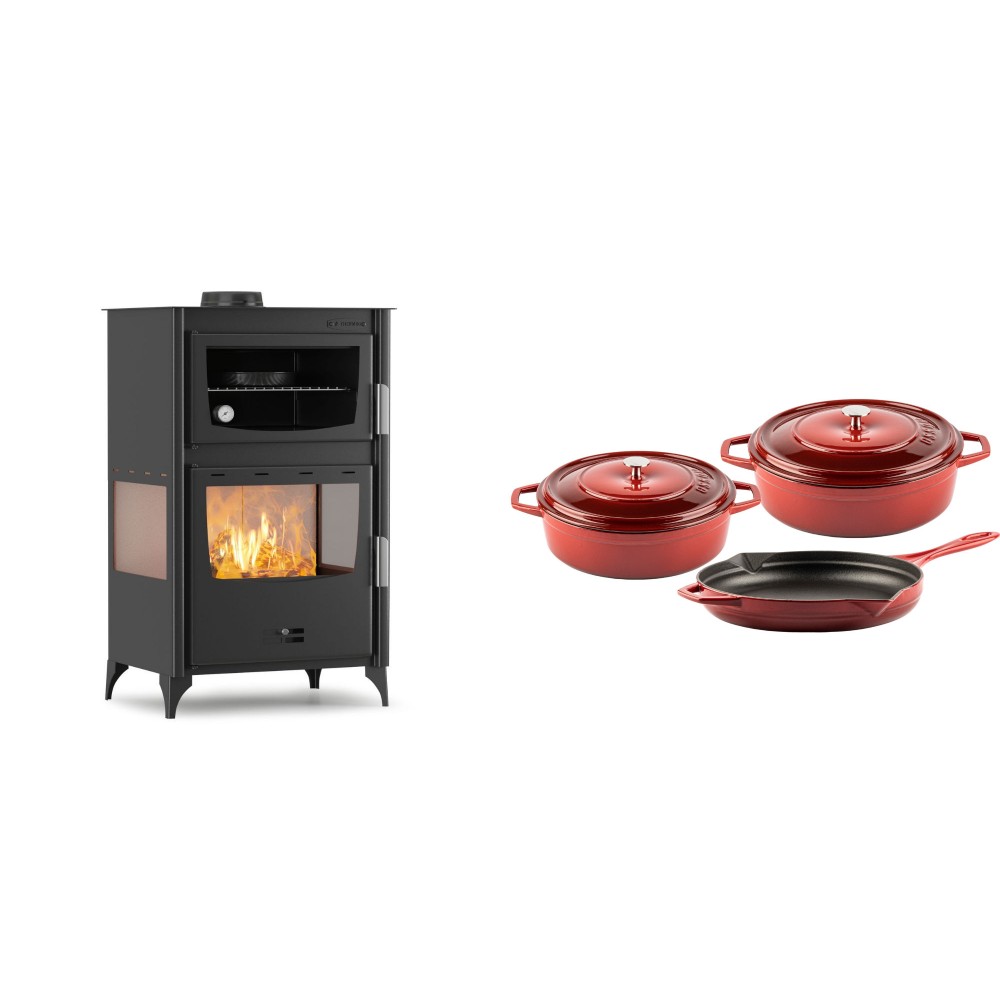 Set Kaminofen, Holzofen mit Backfach Velmora Fire ATS 90-30 3SIDE, 15.18kW + Gusseisen Topf Set aus 3 teilen Solagio, Rubin | Holzofen | Kaminofen |