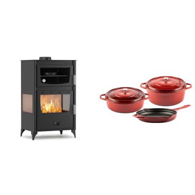 Set Kaminofen, Holzofen mit Backfach Velmora Fire ATS 90-30 3SIDE, 15.18kW + Gusseisen Topf Set aus 3 teilen Solagio, Rubin - Kaminofen - Holzofen mit Backfach