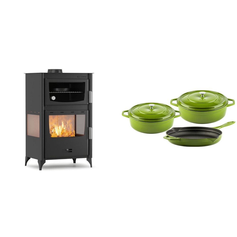 Set Kaminofen, Holzofen mit Backfach Velmora Fire ATS 90-30 3SIDE, 15.18kW + Gusseisen Topf Set aus 3 teilen Solagio, Bamboo | Holzofen | Kaminofen |