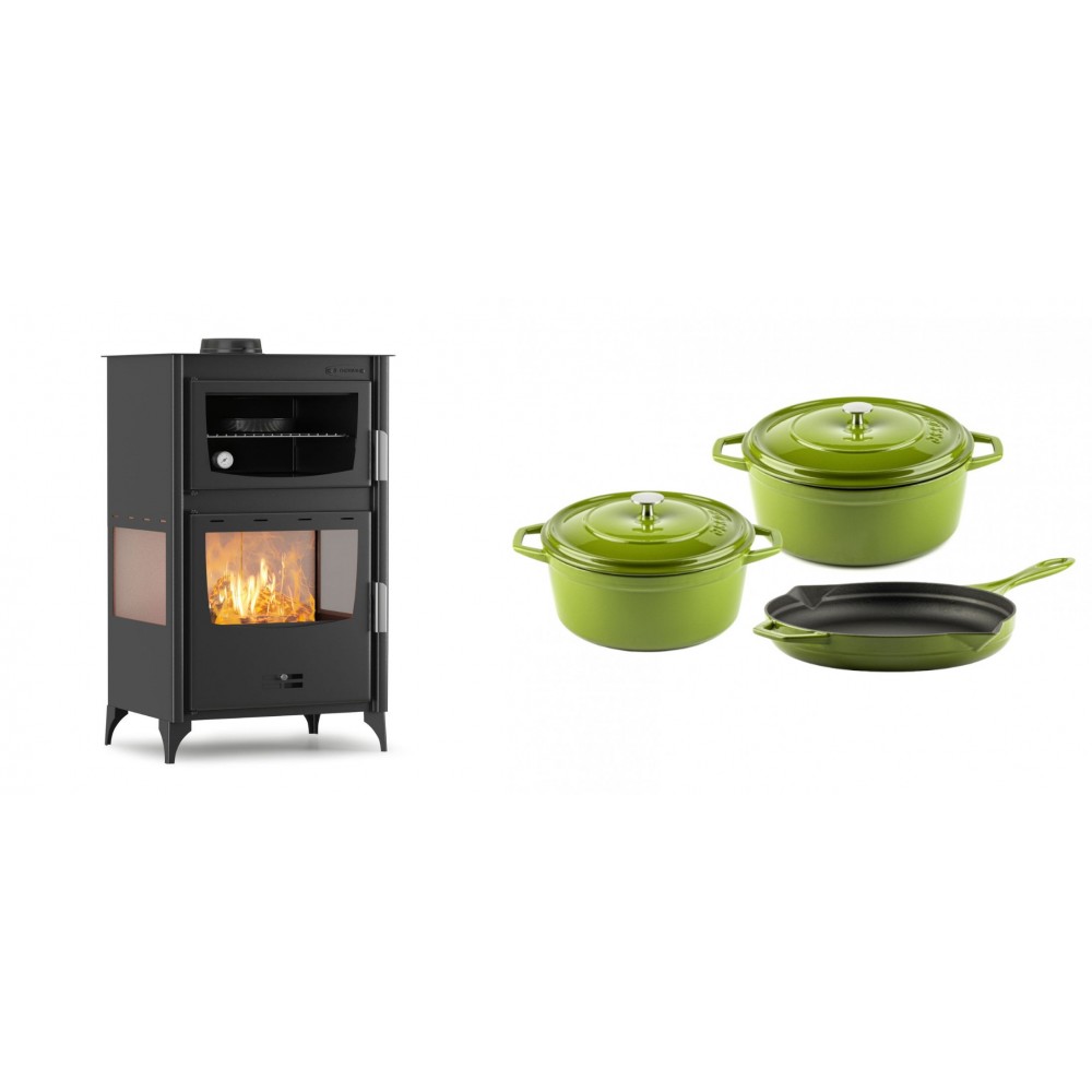 Set Kaminofen, Holzofen mit Backfach Velmora Fire ATS 90-30 3SIDE, 15.18kW + Gusseisen Topf Set aus 3 teilen Solagio, Bamboo