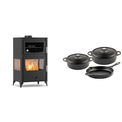 Set Kaminofen, Holzofen mit Backfach Velmora Fire ATS 90-30 3SIDE, 15.18kW + Gusseisen Topf Set aus 3 teilen Solagio, Black Onyx - Kaminofen - Holzofen mit Backfach